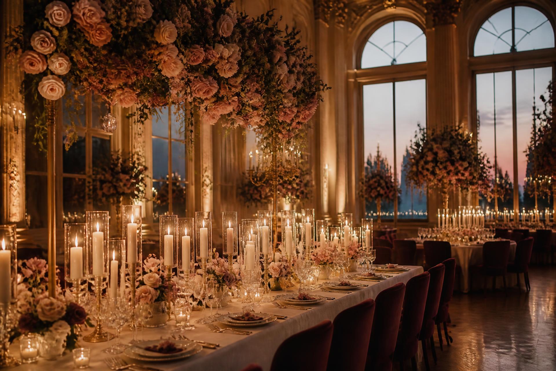 Reception — one continuous tablescape: candlelight, garden roses, heavy linen and glass, held to a single palette from first course to last toast.