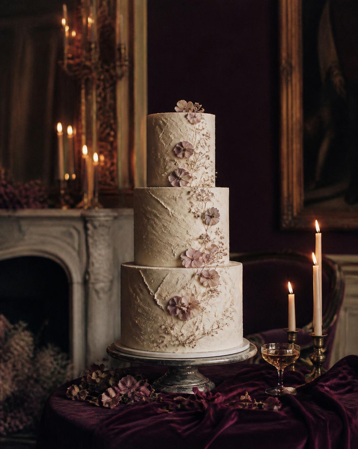 Cake — a sculptural centrepiece, lit and placed like a work in a gallery.