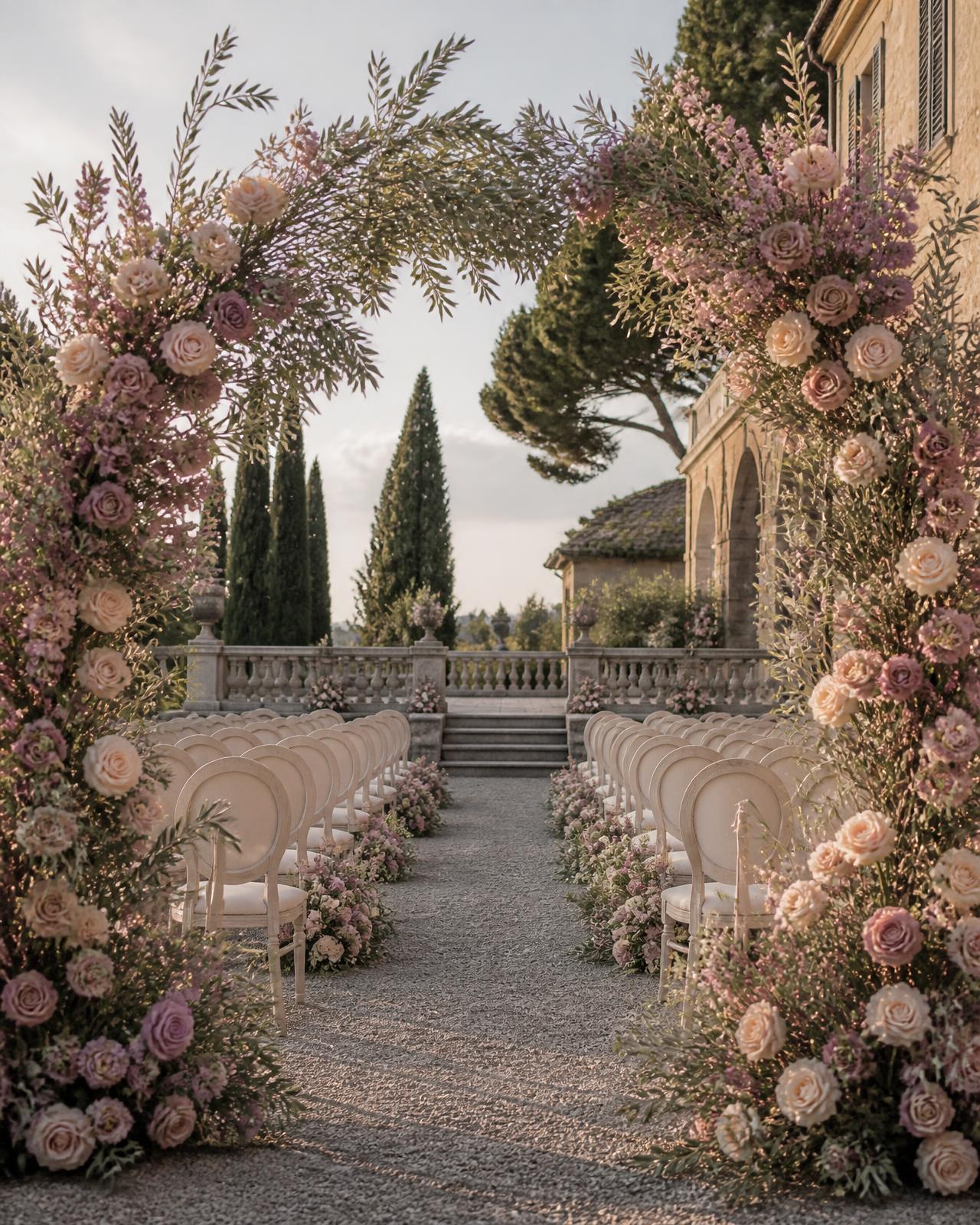 Ceremony — the aisle drawn before a single stem is ordered, so the flowers frame the vows and the light falls where the photographs need it.
