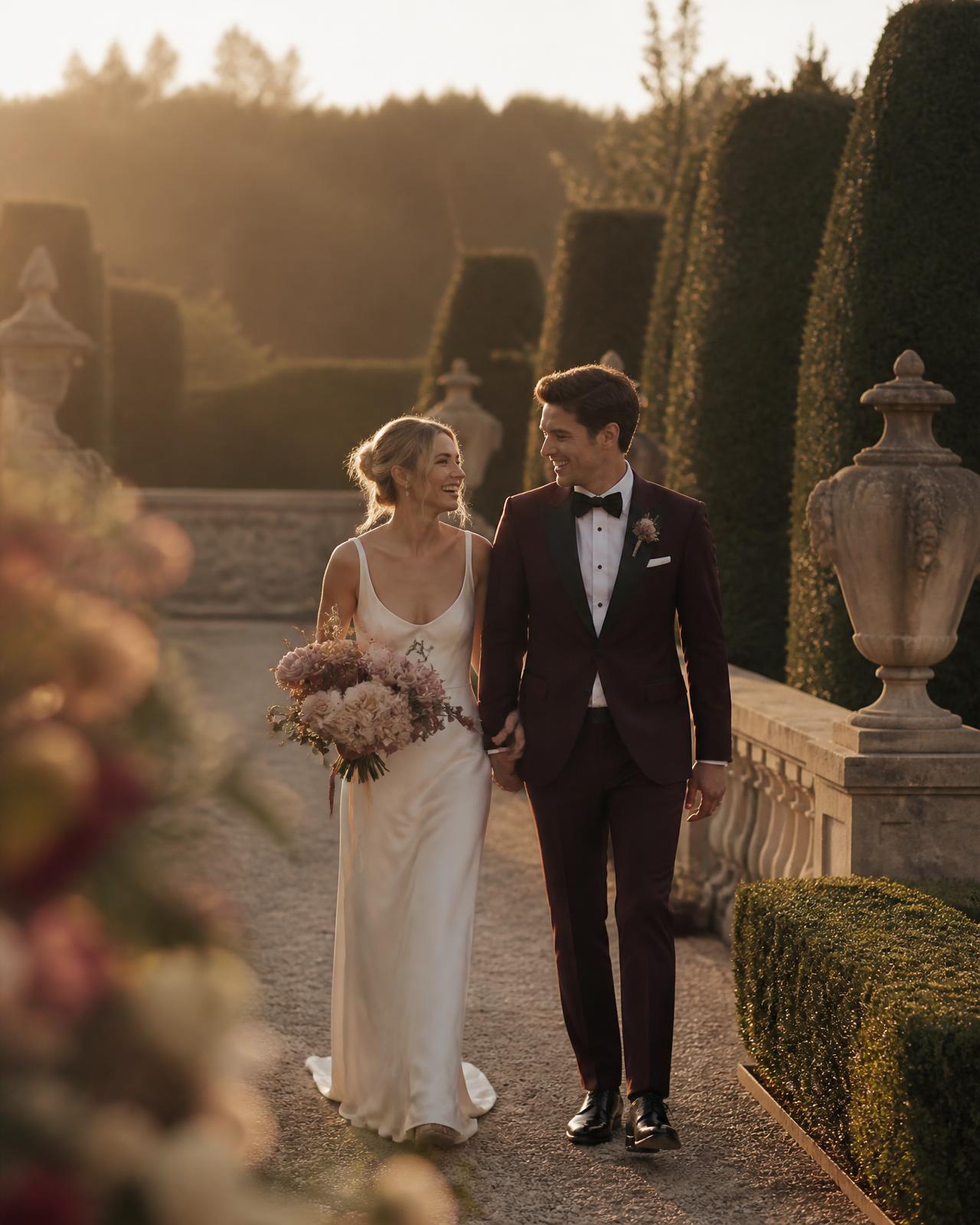 The couple — the whole point. Directed schedules exist so you can be unobserved for twenty minutes in your own garden.