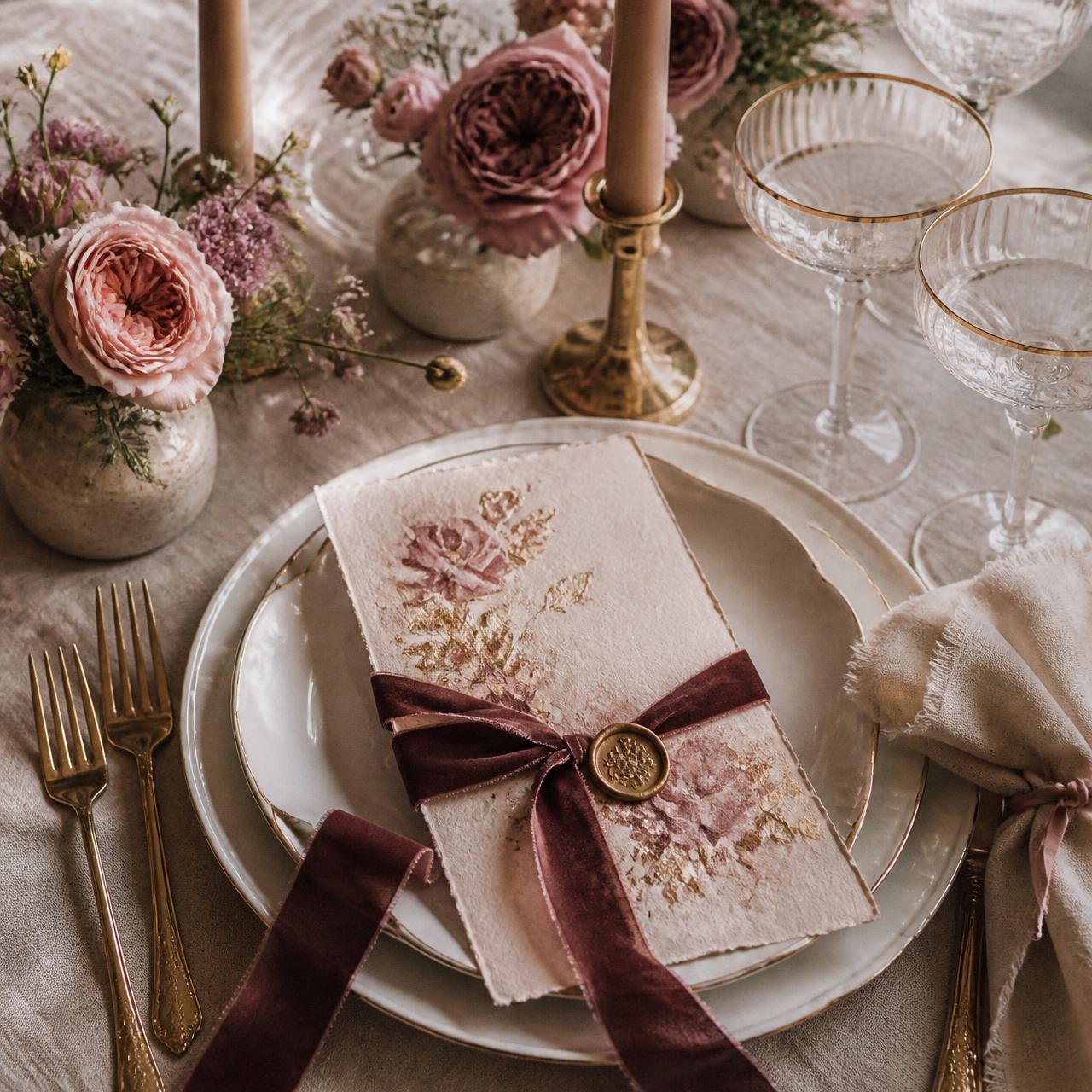 Design details — menus, place cards, wax seals, ribbon, cutlery. Small objects, agreed once, that make an entire room feel authored.