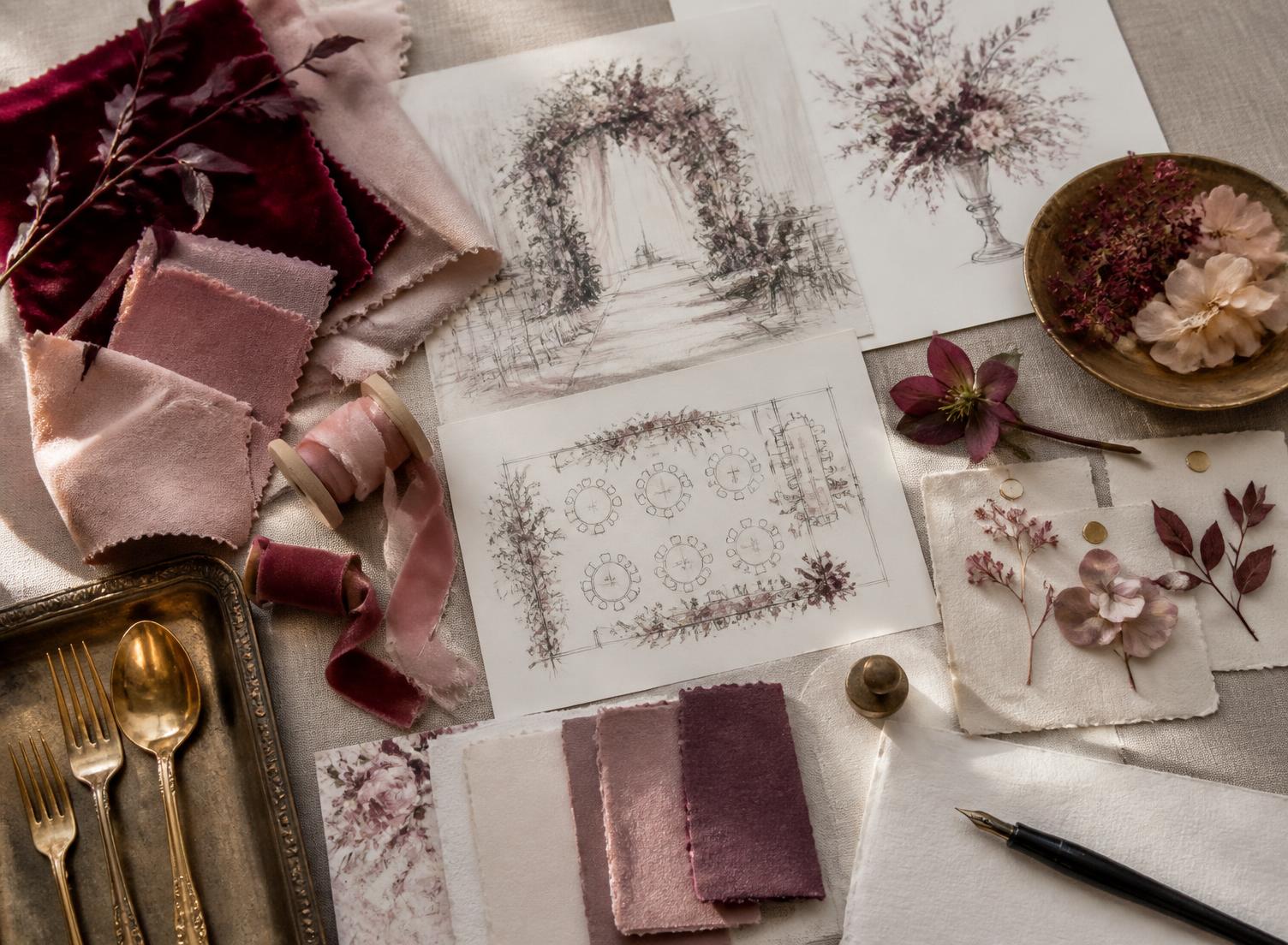 Creative direction — fabric, sketches, seating plans and flowers on one table. This is the page every supplier receives.